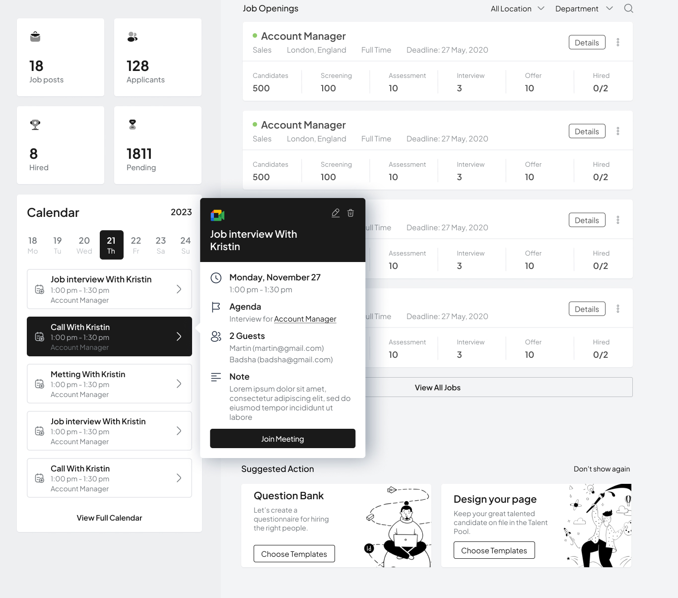 Crew HRM Dashboard Page with Meeting Schedule and Active Job Posts