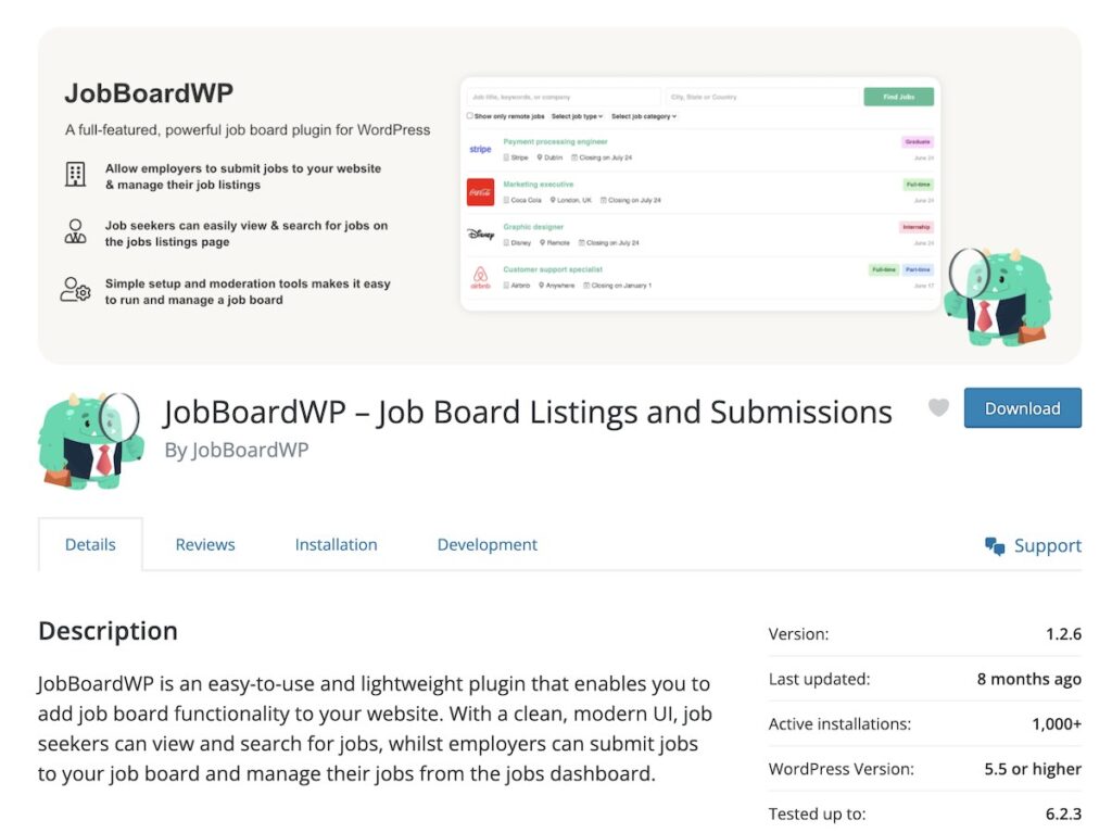 JobBoardWP plugin page screenshot from WordPress.org